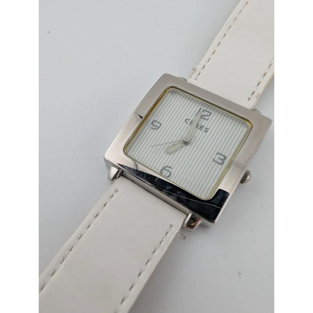 Ceres New York Watch Women 30mm Silver Case White Leather Band- New Battery